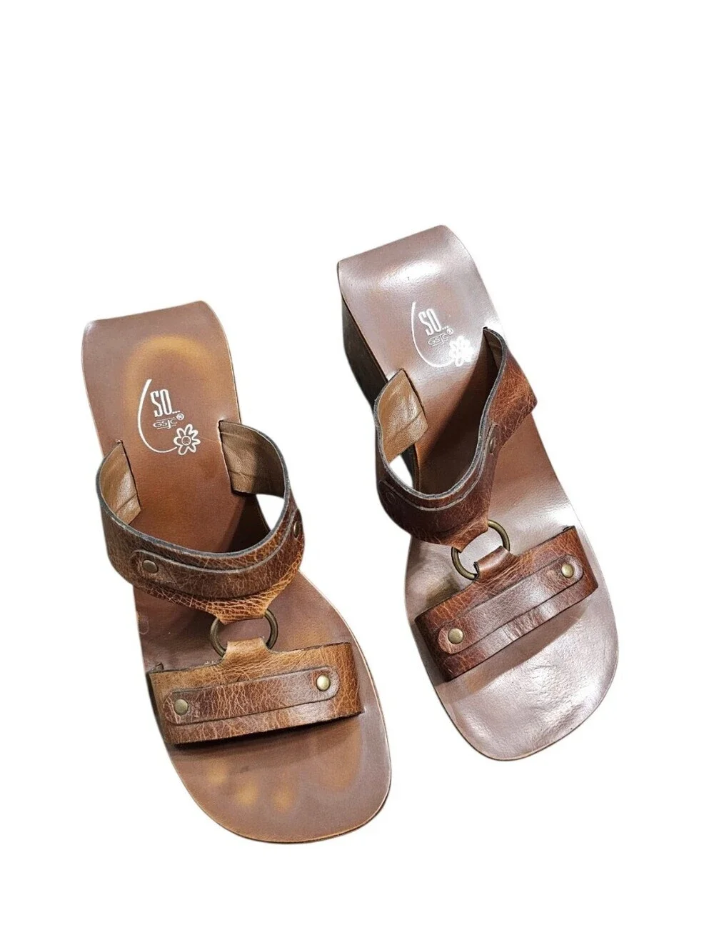 Y2k SO GSJC Brown Leather Strap open toe Wood Wedge chunky sandals